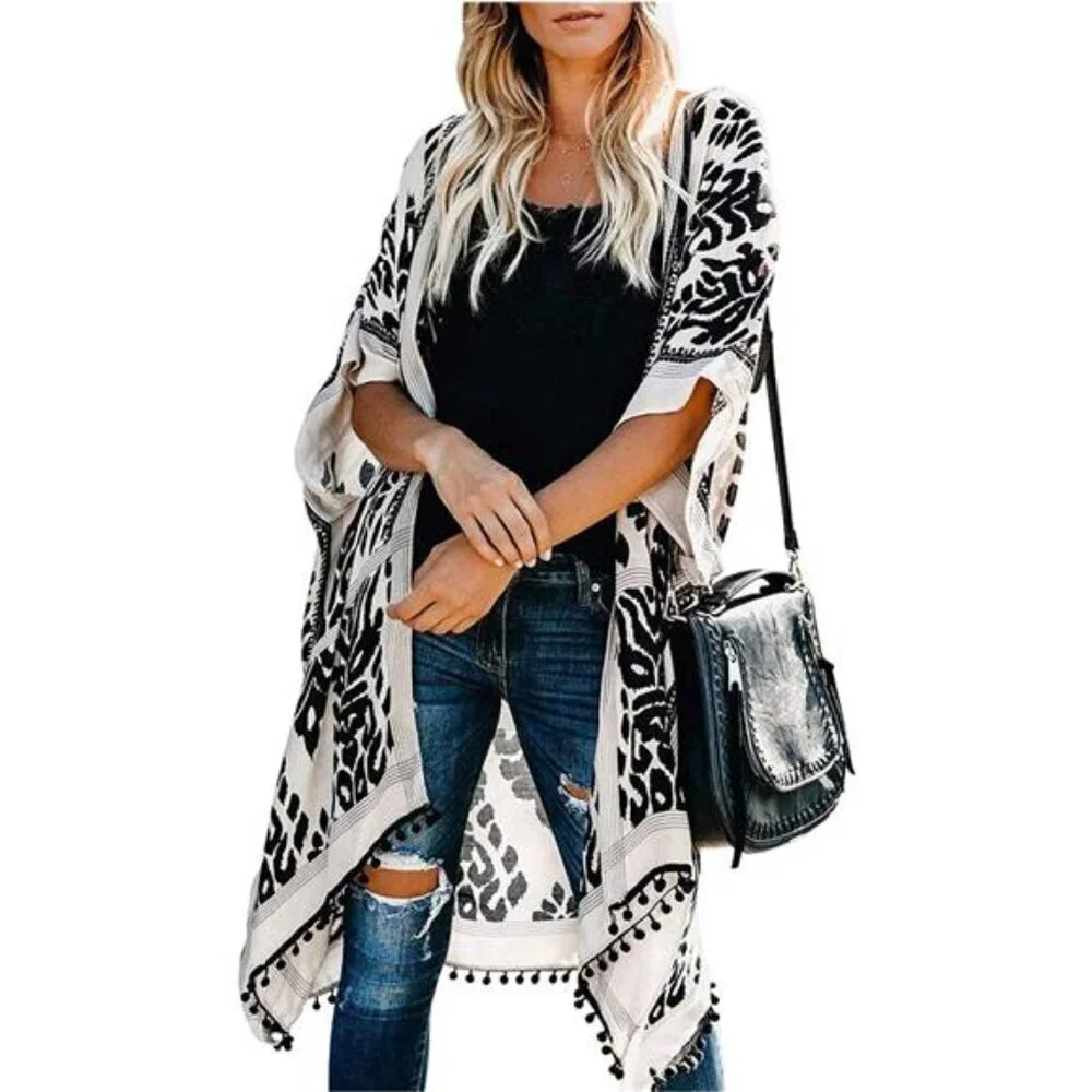 Women's Floral Kimono Cardigan Tassel Beach Cover-Up Swimwear Summer Vacation - Picture 1 of 6
